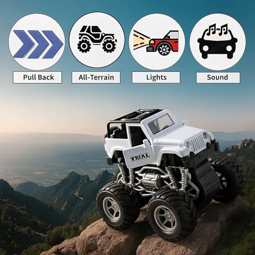 Image of GRAPHENE 1:28 Scale Big White 4x4 Thar Truck OffRoader Jeep Toy Car Realistic Pullback Action Friction Powered with Lights and Sound for Kids Openable Doors Smooth Push and Go Gift for Boys Girls