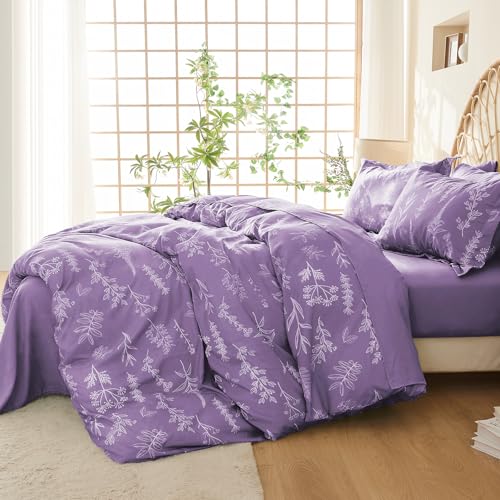 MUXHOMO Duvet Cover Queen Size, Reversible Floral Grayish Purple Duvet Cover Set with Zipper Closure, 3 Pieces Botanical Patterns Soft Microfiber Bedding Set with 4 Ties (90"x90", 2 Pillow Cases)