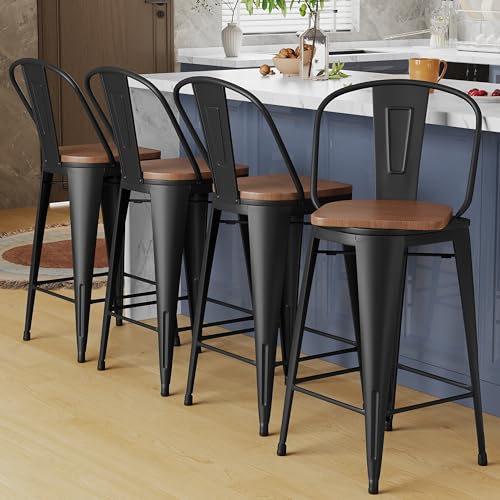 Alunaune 26' Swivel Metal Bar Stools Set of 4 High Back Counter Height Barstools Industrial Dining...