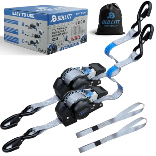 BULLITT 2Pk Decelerating Retractable Ratchet Straps Set S-hook Tie Down Straps 2.54cm x 3.5m +38mm Soft Loops*2 Auto Self Retracting Straps with 700kg Break Strength for Motorcycles/Car/Household