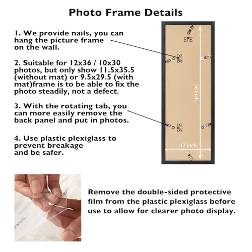 Image of JCJMY 12x36 Picture Frame with 10x30 Mat, Display Photo 10x30 with Mat or 12 x 36 Without Mat, Wall Hanging Large 12 by 36 Poster Frame with Plexiglass, Black