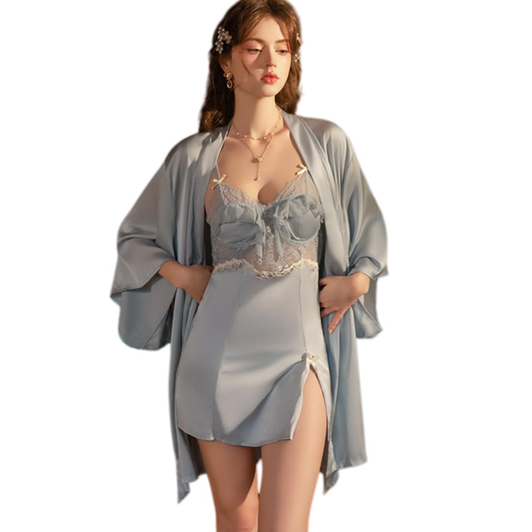 Accappatoio Kimono Completo Sexy da Notte/Vestaglia in Pizzo con Schiena Scoperta, Push-Up E Spacco Trasparente.