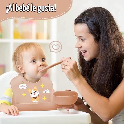 Miniatura 8 de Vajilla De Bebé Silicona, 10 Piezas Juegos De Vajilla Infantil, Cubiertos Con Plato Ventosa, Tenedor Con Mango De Madera, Babero Set,Cubiertos Bebe,Tazones Para Bebés Con Ventosa Vajilla Infantil