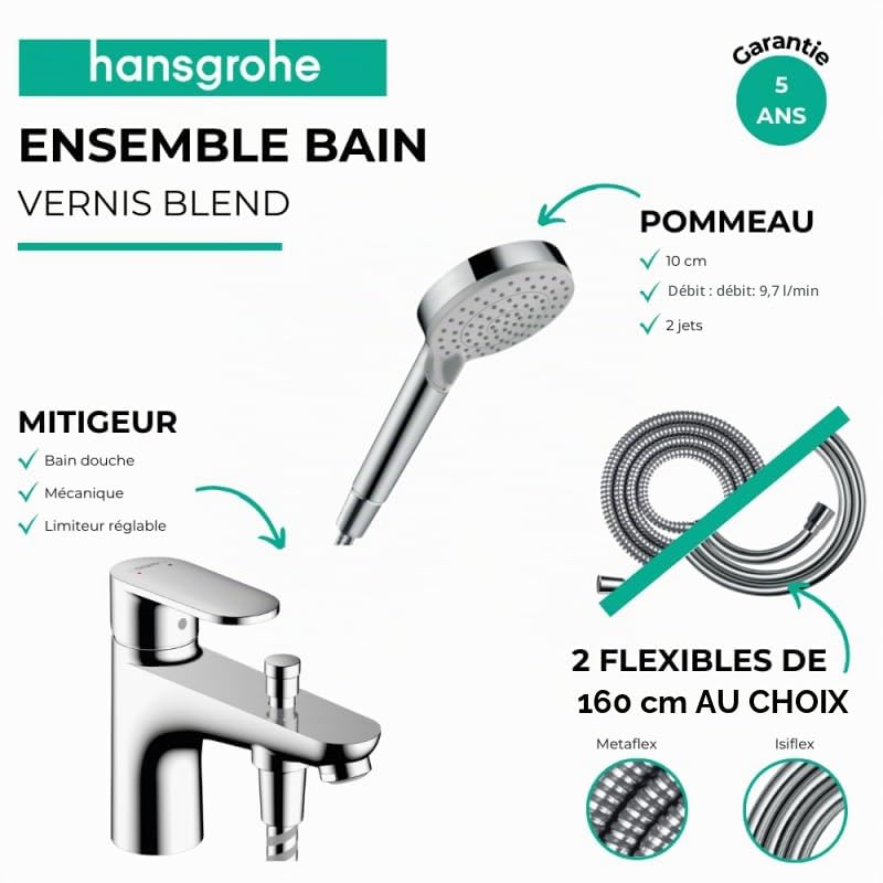 Hansgrohe Pack mitigeur Bain Douche monotrou Vernis Blend + Flexible Metaflex + Pommeau Vernis Blend 100 Vario chromé