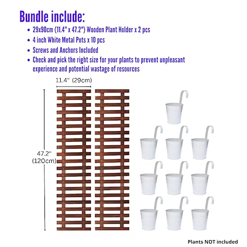 Shoplala Bundle - 4 Inch White Metal Flower Pots X 10 Pack + 2 Pack Wooden Plants Holders Vertical Garden Planter, Live Plant Wall System Outdoor Wall Mounted Planter Large Living Wall Plant Decor #TOP1