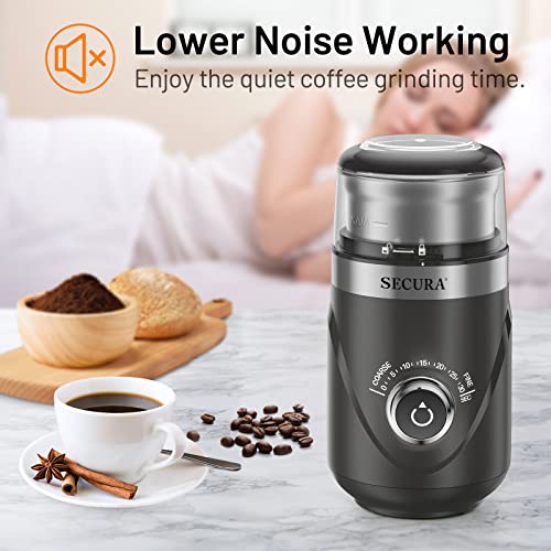 Secura Adjustable Coffee Grinder Electric, Spice Grinder Electric, Coffee Bean Grinder, Multipurpose Grinder For Spices, Herbs, Nuts, Grains With 1 Stainless Steel Blades Removable Bowl, Grey #TOP2