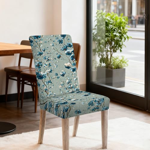 Image of Nuxovilar Blue Flower Light Gray Stretch 23.6x70in 6PCS Chair Covers | Stretch Slipcover Elegant Protector Floral Wrap Seat Guard Dining Room Modern Living Peaceful Space (Blue Floral)