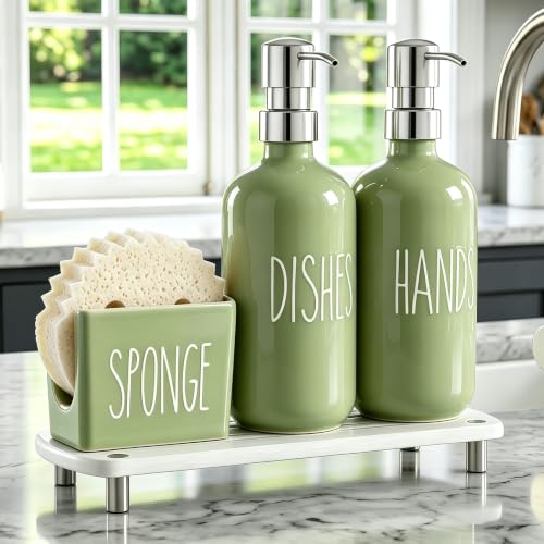 Image of Cisily Olive Green Kitchen Soap Dispenser Set with Ceramics Sponge Holder | Stainless Steel Silver Pumps, and Instant Dry Tray, Hand and Dish Soap Dispenser Set, Kitchen Sink Olive Green Decor