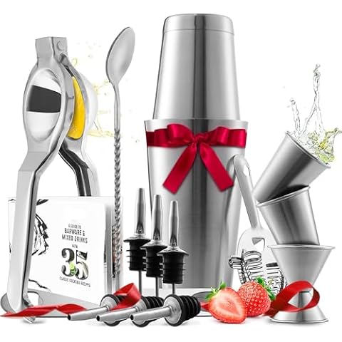 Bar Set Cocktail Shaker Set, Stainless Steel Mixology Bartender Kit, 16 Piece Cocktail Kit, Silver Cocktail Set, Bar Tools: 30oz Martini Shaker, Muddler, Bar Kit Cocktail Book, Jigger and Pourers Cover