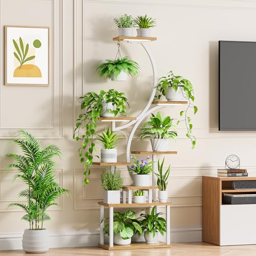 Image of BACEKOLL 8-Tiered Plant Stand With Grow Lights - 62 inch Tall Indoor Shelf for Multiple Plants, Metal S-Shaped Flower Holder Rack for Home, Patio (White)