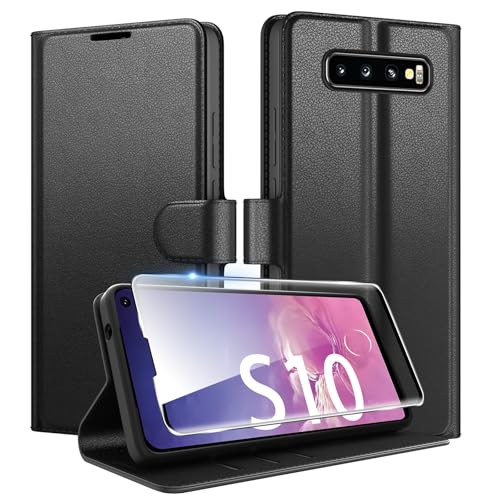 Coiwxmoi für Samsung Galaxy S10 Hülle Mit 1 Stück Panzer Schutz Glas Wallet Premium PU Leder Handyhülle Standfunktion Schutzhülle Kartenfach Stoßfeste Klapphülle Flip Case Cover Schwarz