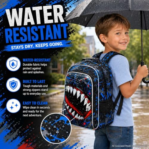 Image of 3Pcs Backpack for Boys, 17 inch Shark Kids Bookbag with Lunch Box, School Backpacks for Elementary Preschool Kindergarten (Blue)