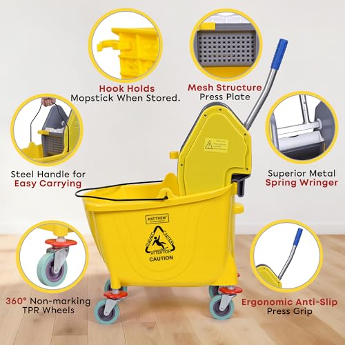 Image of MATTHEW CLEANING 34Quarts Commercial Mop Bucket INCL.Wet String Mop with Down Press Wringer On Wheels,Industrial Heavy-Duty Floor Cleaning w /Handle, Mop Bucket for Home,Offices,Commercial, Restaurants