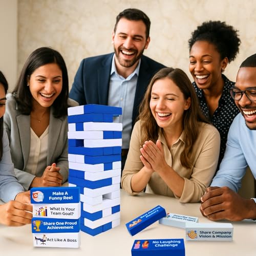 Image of Corporate Activity Tower Blocks | Office Team Building Game | Wooden 54 Activity Blocks for Office Events, HR & Group Activities & Icebreakers | Fun Engagement Game for Employees Bonding