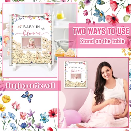 Image of Beeveer 65 Pcs Wildflower Baby Shower Guest Book Alternatives Baby in Bloom Shower Decorations Sign in Guest Book with Picture Frame and 60 Wooden Chip