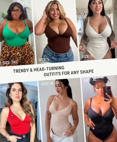 Image of FeelinGirl Shapewear Bodysuits for Women Tummy Control Body Suits Deep V Neck Thong Body Shaper