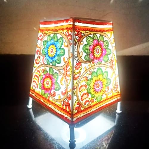 Image of Andhra Leather Craft Lamp Shade, Small (6 inch x 4 inch / Set of 1)- Floral Design | 2 meter wire with bulb holder and socket included - Handpainted Leather Table Lamp: Tholu Bommalata