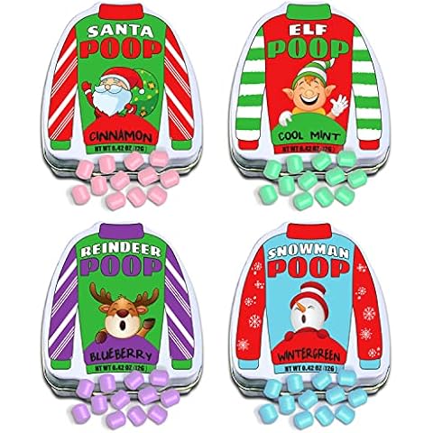 Christmas Poop Mint Candy 4-Pack in Ugly Sweater Tins – Funny Christmas Candy, Stocking Stuffers for Adults, and Teens – Fun Breath Mints, Unique Christmas Gifts. Cover