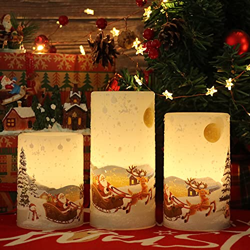 Image of Eldnacele Christmas Flameless Candles with Timer, LED Flickering Battery Pillar Candles with 6H Timer and Santa Snowman Decals, Festival Winter Party Decoration Set of 3 (D 3 inch x H 4 inch 5 inch 6 inch) - Santa