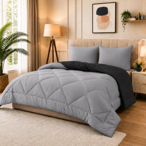 Image of 220 GSM Comforter Single Bed | Microfibre Reversible AC Blanket Duvet Quilt Single Bed for Summer | Comfortable and Super Soft (Black & Grey)
