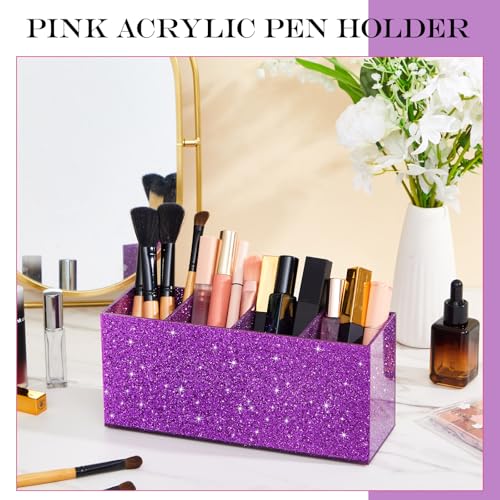 Image of Jetec Acrylic Glitter Pen Holder 4 Compartments Bling Makeup Brush Stationery Organizer Pencil Holder for Desk Accessories Sparkly Gifts for Women Birthday Valentines Desktop Workplace Office(Purple)