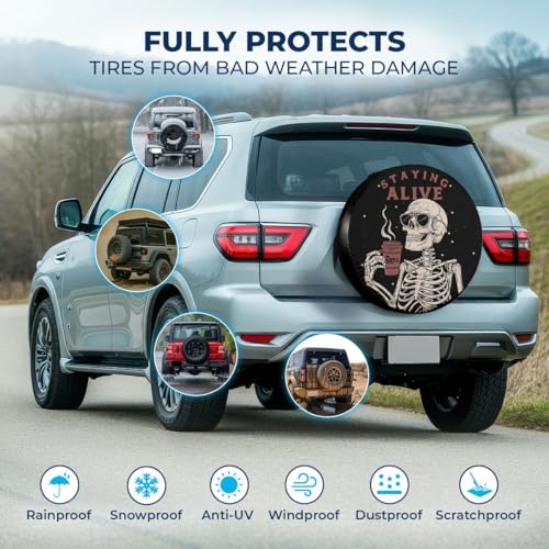 Image of GENANY Skeleton Coffee Humor Spare Tire Cover for RV Trailer, Waterproof, No Camera Hole, Size 17 Fits 31-33 Inch