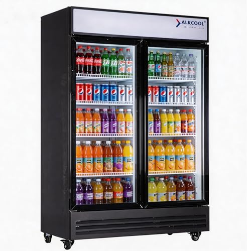 Image of Commercial Beverage Refrigerator Display Fridge,Two Glass Door Upright Merchandiser Drink Cooler with LED Light Adjustable Shelves,46 Cu Ft,ETL Sanitation,(Wheels Included)