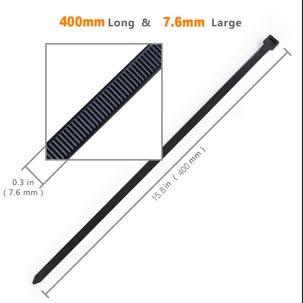 Cable Ties,400mm×7.6mm Heavy Duty with 70 kg Tensile Strength Large UV Resistant Strong Nylon Cable Zip Ties(100 Pieces),Black - Image 2