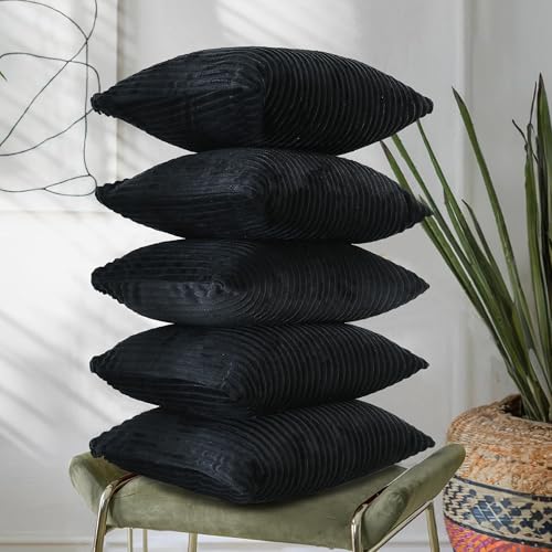 Image of RD TREND Cushion Cover Set of 5, Decorative Sofa Living Room Home Square Cushion Covers 18 Inch x 18 Inch, Aesthetic Corduroy Striped Double Sided (Black, Pack of 5)