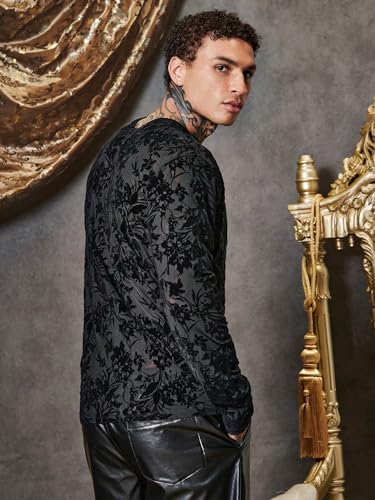 WDIRARA Men's Floral Lace Mesh Party Tee See Through Round Neck Long Sleeve T-Shirt Tops2
