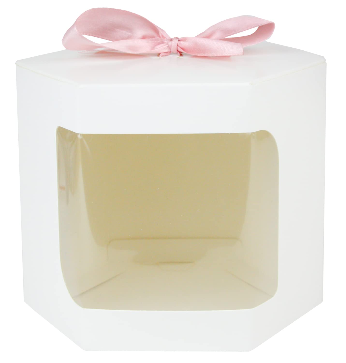 Emartbuy Strong Paper Stand Up Hexagon Gift Bag, 13 cm x 13 cm x 14 cm, White Kraft Bag Cupcakes Cookies Muffin Pie Box with Clear Window and Baby Pink Ribbon - Pack of 96