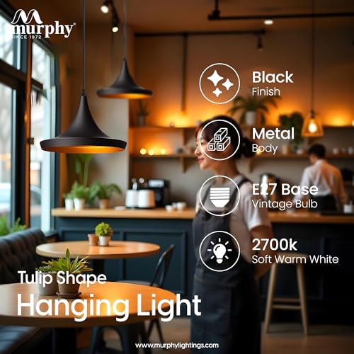 Image of Murphy Metal Tulip Shape Black Hanging Pendant Ceiling Light Lamp for Living Room, Bedroom, Kitchen, Balcony (Bulb Included), Pack of 3