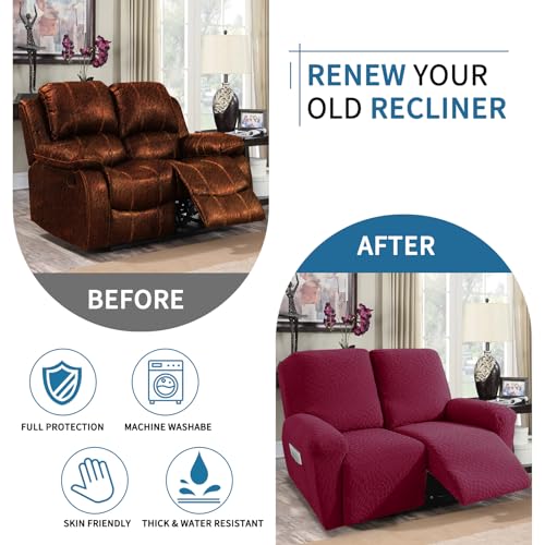 Image of 2026 Loveseat Recliner Cover 4-Piece (48 inch-66 inch) Super Soft Recliner Loveseat Covers with Big Pocket & Anti Slip Ties Stay in Place, Lazy Boy Reclining Love Seat Slipcover Durable Washable, Wine Red