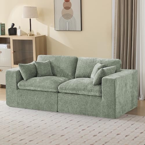 Image of 83''Cloud Boneless Sectional Couch, Modular Sectional Sofa Deep Seat, Upholstered Convertible Comfy Loveseat Chenille Memory Foam Sofa Couches for Living Room, Green
