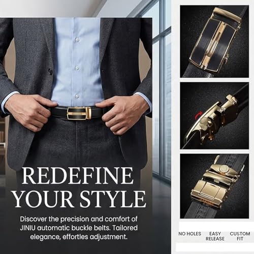Image of JINIU Men's Ratchet Belt Buckle, Black Genuine Leather Slide Belt for Men Dress Suit, Micro Adjustable Trim to Fit Boxed