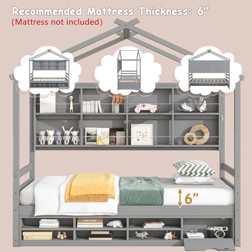 Twinbedframesforkidswoodhousebedwithstorageshelvesmontessoriplayformbedframewithheadboardforboysgirlsgray817lx418wx793h  Urban Country Home Decor Twin bed frames for kids wood house bed with storage shelves montessori playform bed frame with headboard for boys girls gray 817l x 418w x 793h  urban country home decor