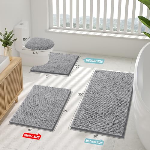 Image of Smiry Bathroom Rugs Sets 2 Piece, Soft Absorbent Chenille Machine Washable Non Slip Shaggy Bath Rug Set for Tub, Shower, and Floor (30x20+24x16, Grey)