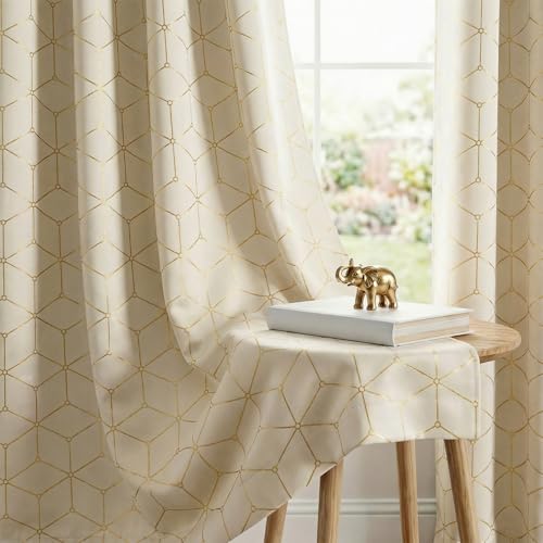 Image of Urban Space 80-85% True Blackout Curtains for Long Door, Gold Foil Printed Blackout Curtains, Blackout Decorative Door Curtain Eyelet with Tieback, 1 Piece Curtain for Living Room(Hex Beige, 8 Feet)