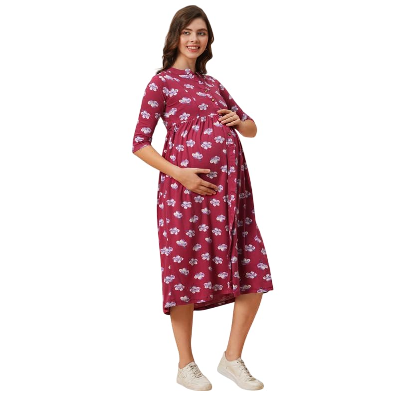 Image of Inner Sense Organic Cotton Bamboo Maternity Dresses for Women I Feeding Kurtis for Women Cotton with Front Placket and Vertical Zip I Nursing Dress with Banded Collar