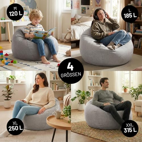 Lumaland Sitzsack Comfort Line | Indoor Beanbag 70x80x50cm mit mehr als 1 Mio. anpassbaren EPS-Perlen | Weiches & Komfortables Bodenkissen | Sessel für Kinder & Erwachsene | 120 L Volumen [Hellgrau]