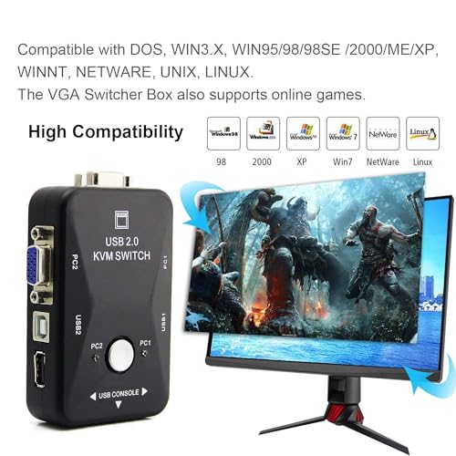 Image of Atevon 2-Port USB 2.0 KVM Switch Box - Share Keyboard, Mouse & Monitor Between 2 Computers | PC, Laptop, Desktop, Printer | Plug & Play, No Software Needed