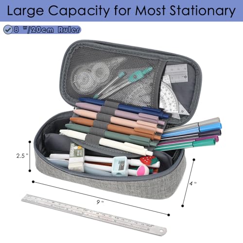 Image of FlowFly Large Capacity Pencil Case for Kids, Boys & Girls - Zippered Multi-Functional Pen Pouch, Soft & Portable Pencil Bag for School, Teens, Students, Grey