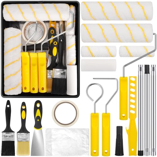 Set di 19 Pezzi Composto da Rulli, Contenitori per Vernici,supporti per Rulli,Pennelli,Nastro Adesivo, Copertura Antipolvere,Miscelatore,Spatola per Tinteggiare e Ristrutturare Pareti,Soffitti e Porte