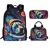 Salabomia Dog Astronaut 3 Pcs Elementary Backpack Set for Boys Girls, Large Durable Teenage Backpacks for Girls Middle School with Lunch Bag Pencil Case, Lightweight Comfortable Kids Backpack, Blue