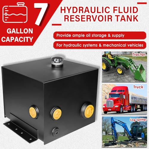 Image of 7-Gallon Hydraulic Fluid Reservoir Oil Tank for Tractors, Trucks & Log Splitters, Built-in Sight Gauge Temp Gauge Combo, Heavy Duty Steel Oil Tank Horizontal-Mount