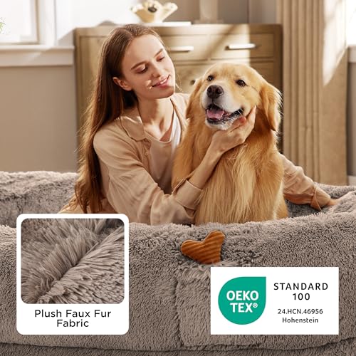Image of Bedsure Human Dog Bed, 71.0 inch x 44.0 inch x 12.0 inch Calming Giant Human Dog Bed for Adults People Fits Pet Families with Storage Pocket, Fluffy Faux Fur Orthopedic Pet Bean Bed, Camel