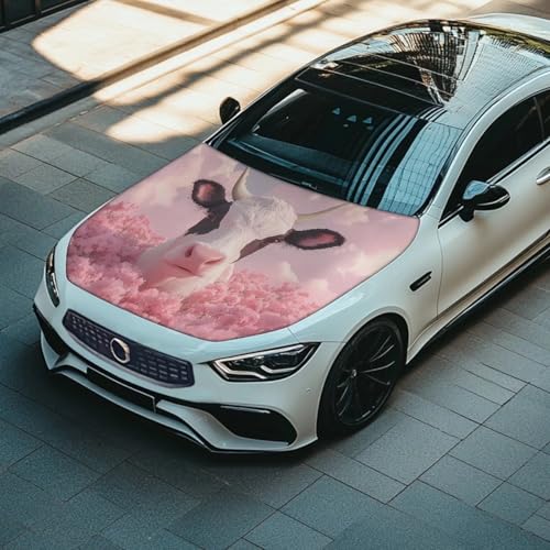 Image of Pink Flower Cow Print Car Hood Cover, Stretch Fabric Car Hood Protector Washable Universal Auto Exterior Accessorie for Sedans SUV Pickup Trucks Van
