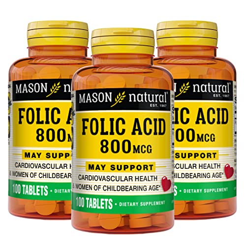 MASON NATURAL Folic Acid 800 mcg, Daily Supplement for Prenatal Care and Overall Wellness, 100 Tablets (Pack of 3)