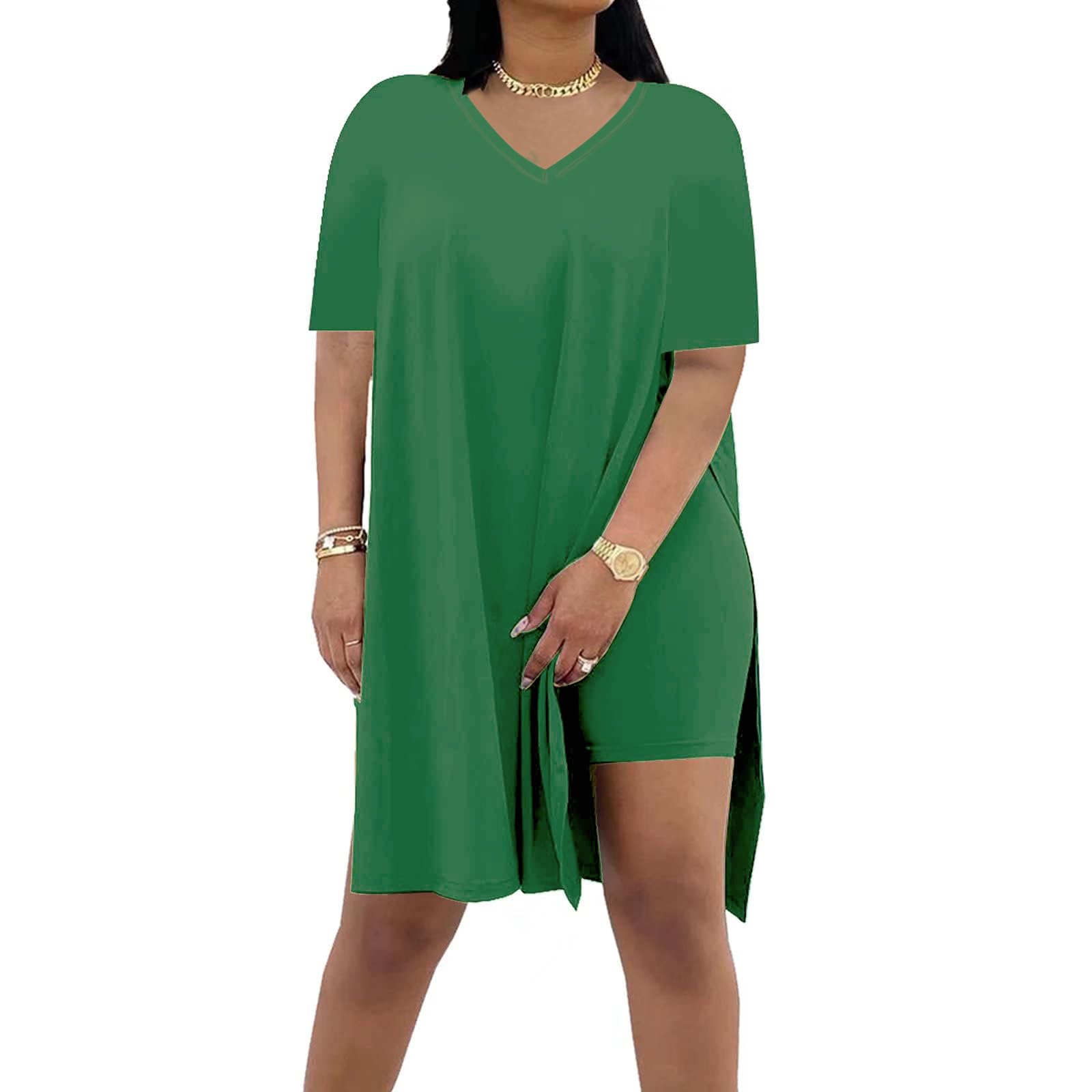Conjunto deportivo de 2 piezas para mujer, talla grande, de manga corta, túnica, pantalones cortos, conjunto de sudadera, Verde, XL