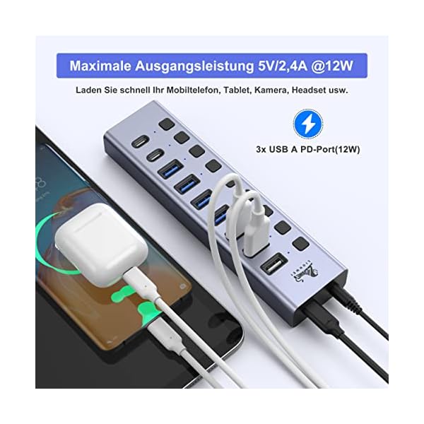 Aluminium USB Hub Aktiv 3.0 mit Netzteil, 10-IN-1 Anschluss USB C Hub, DC 60W (5V/12A) Verteiler zum Laden und zur… – Bild 6